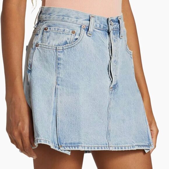 Agolde Slice Denim Pleated Button Fly Mini Skirt Size 26 - Picture 2 of 12